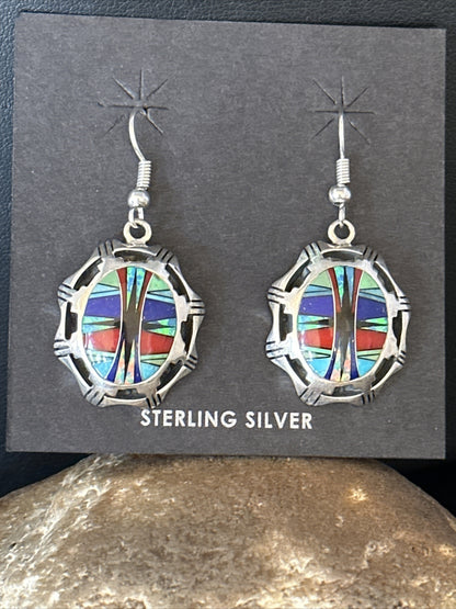 Blue Turquoise & Spiny Oyster Navajo Sterling Silver Inlay Earrings 1” 14763