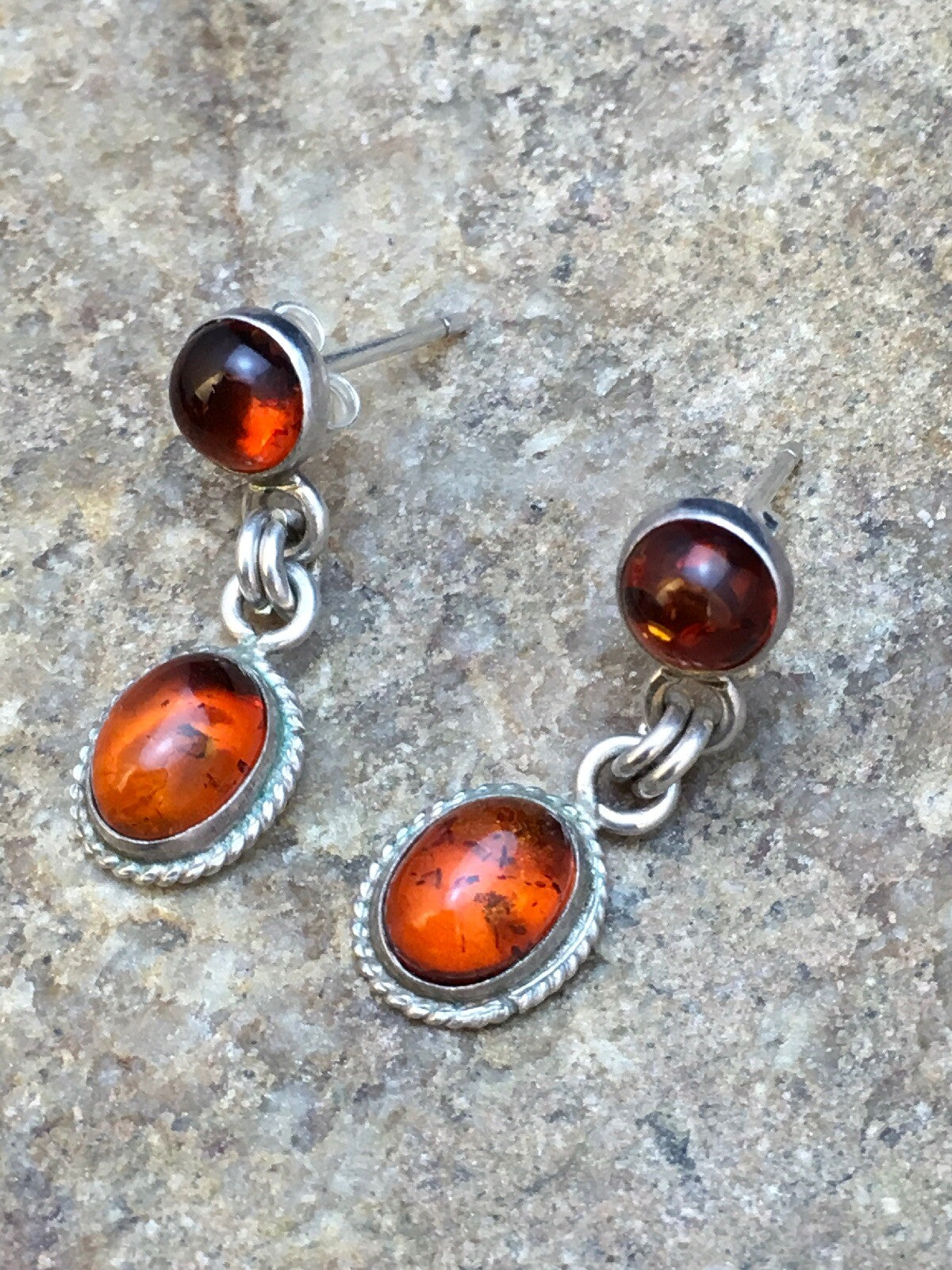 Native American Navajo Sterling Silver Gold Amber Dangle Earrings 13104