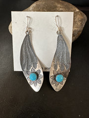 Womens Stamped Blue Turquoise Dangle Earrings Feather Sterling Silver 19785
