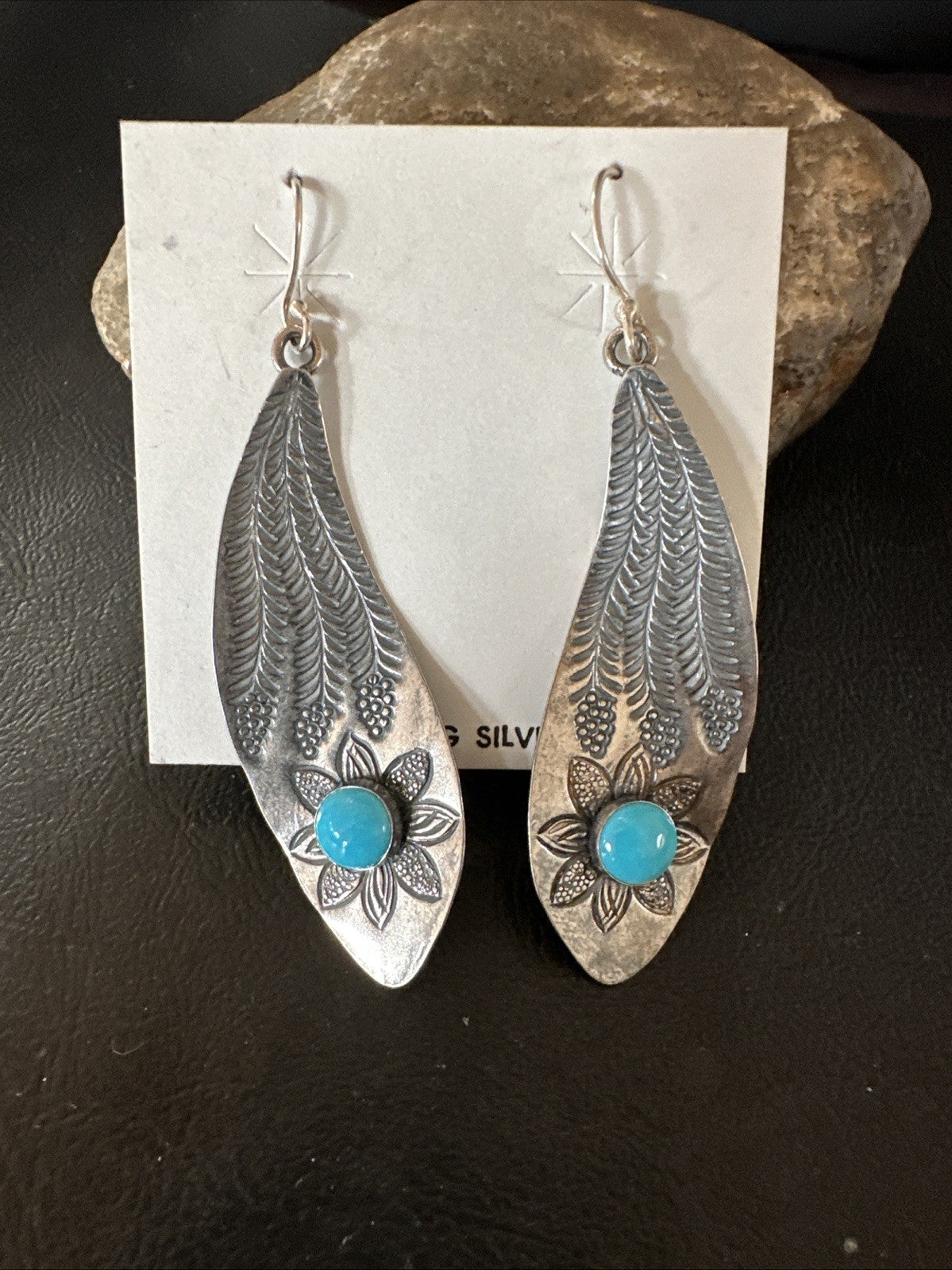 Womens Stamped Blue Turquoise Dangle Earrings Feather Sterling Silver 19785