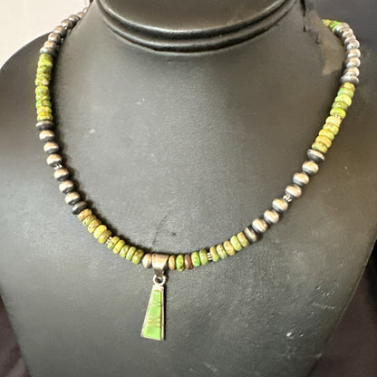 Womens Green Gaspeite Turquoise Pendant Navajo Sterling Silver Necklace 18371