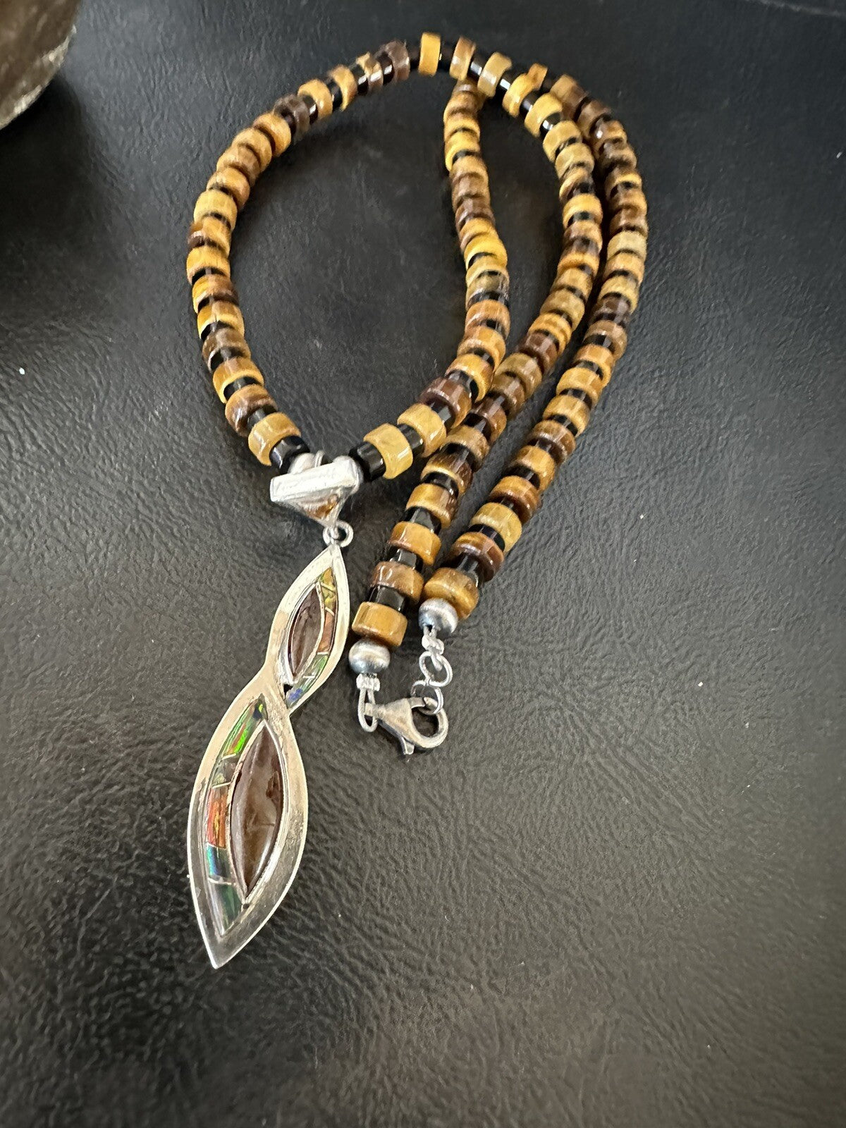 Coffee Tigers Eye Amber Opal Onyx Heishi Sterling Silver Pendant Necklace 18343