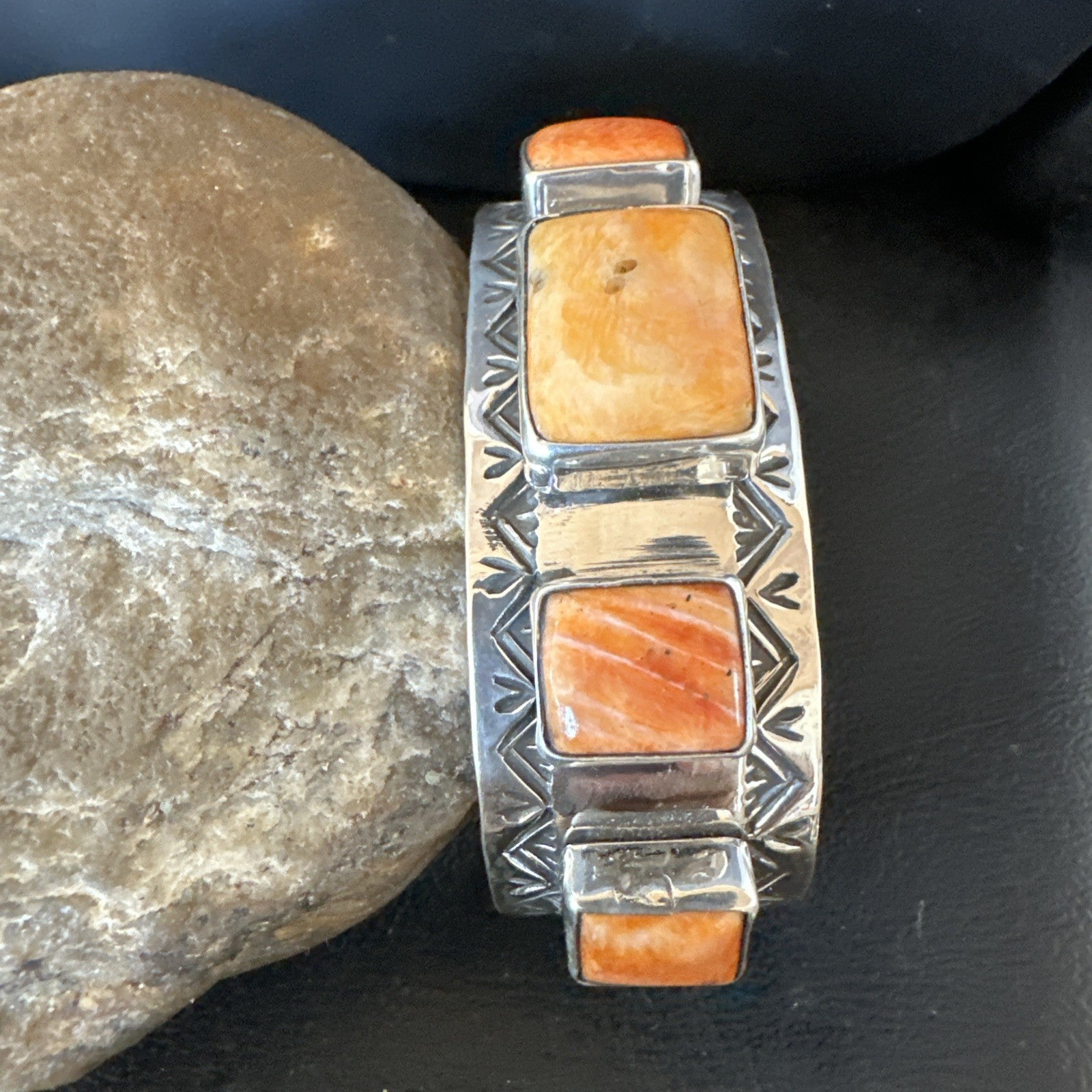 Orange Spiny Oyster 5 Stone Row Sterling Silver Navajo Cuff Bracelet 7.7" 19478