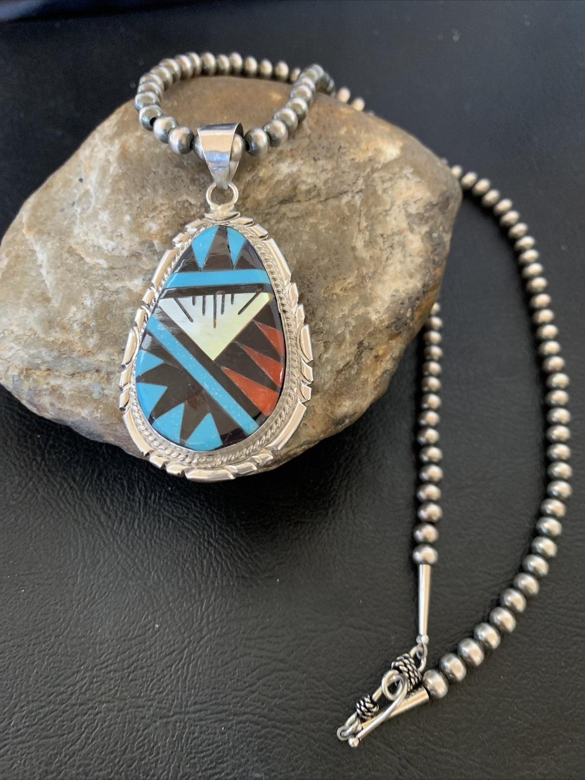 Turquoise Mother Of Pearl Coral Onyx Pendant Zuni Sterling Silver Necklace 12260