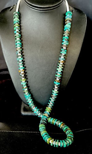 Native Navajo Turquoise Shell Heishi Bead Necklace Sterling 32" 15529