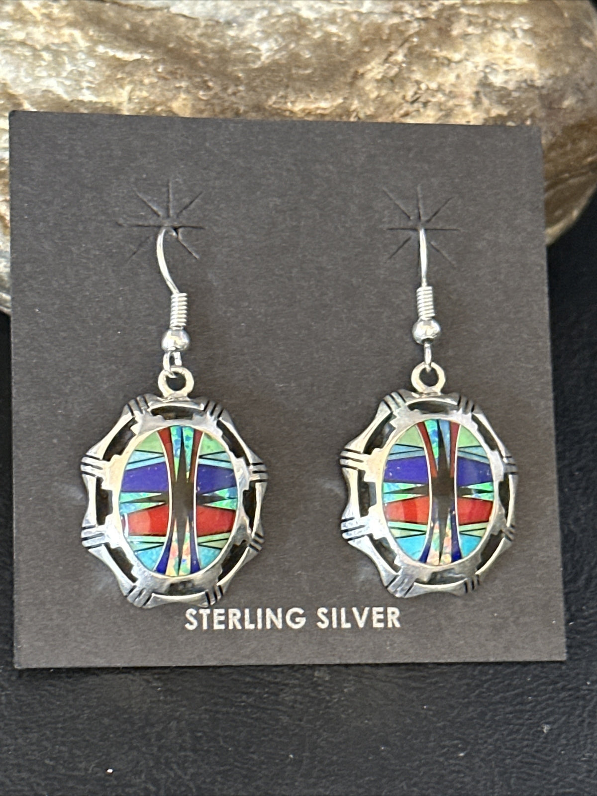 Blue Turquoise & Spiny Oyster Navajo Sterling Silver Inlay Earrings 1” 14763