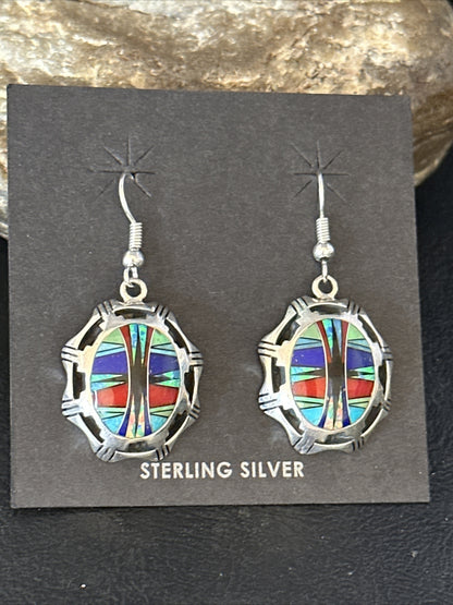 Blue Turquoise & Spiny Oyster Navajo Sterling Silver Inlay Earrings 1” 14763