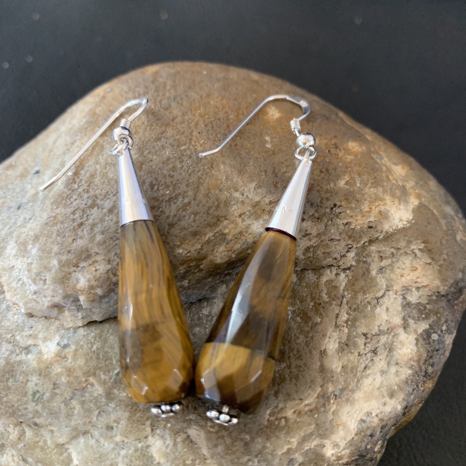 Coffee Tiger's Eye Navajo Sterling Silver Dangle Drop Bead Earrings 1.5" 11715