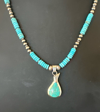 Pottery Blue Turquoise Inlay Pendant Navajo Sterling Silver Necklace 20" 19678