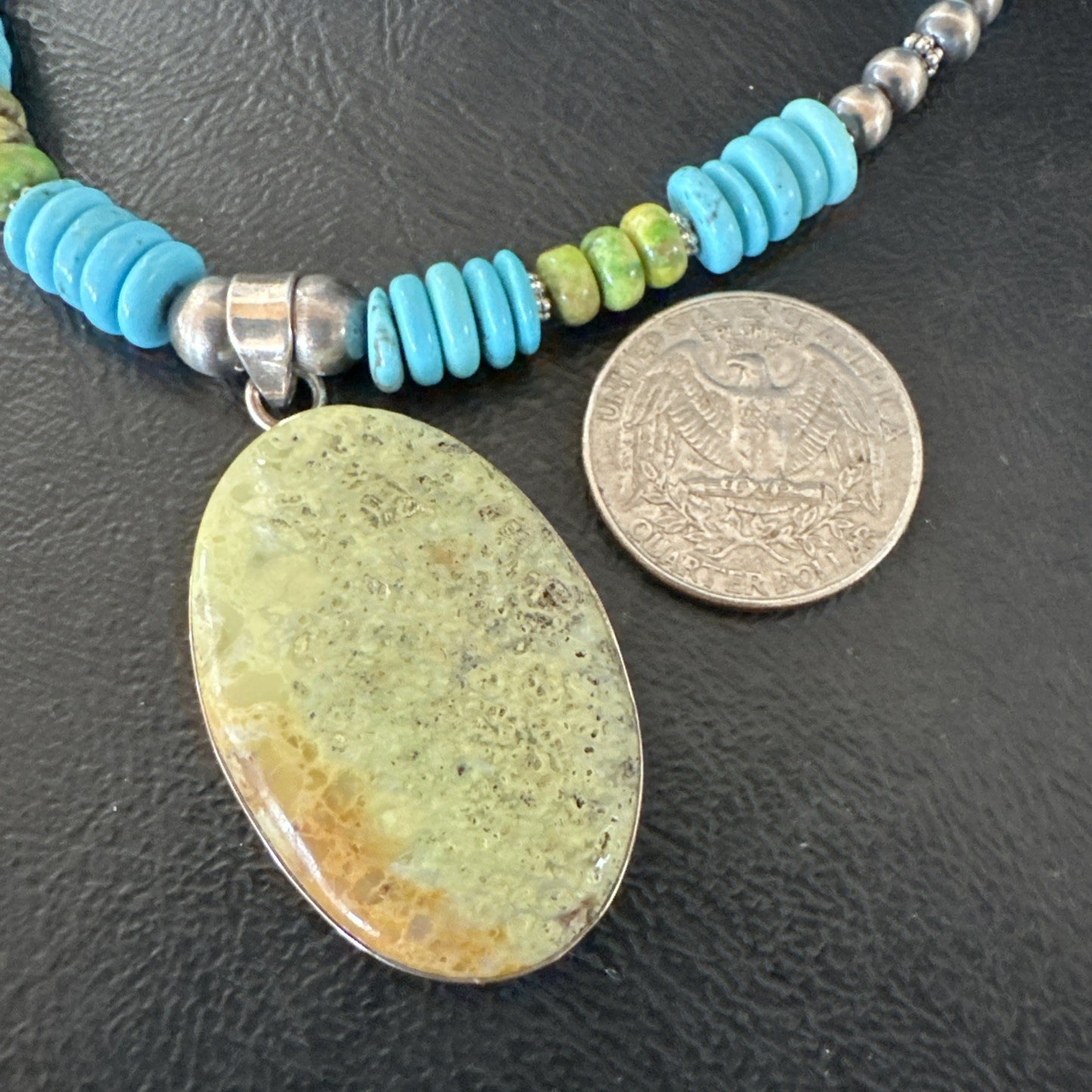 Green Gaspeite Pendant Blue Turquoise Navajo Sterling Silver Necklace 20" 19668
