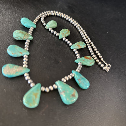 Blue Turquoise Teardrop Navajo Pearls Sterling Silver Necklace 14390