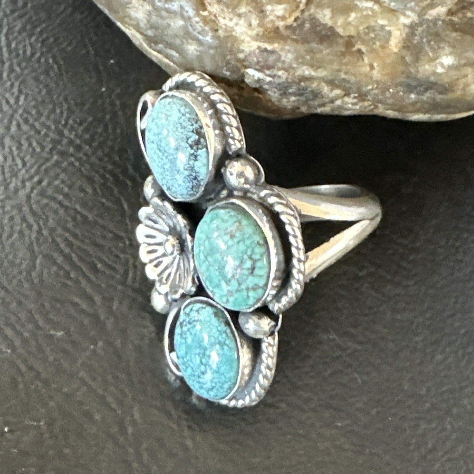 Yazzie Ring Blue Turquoise Navajo Sterling Silver Cluster Size 7 19240