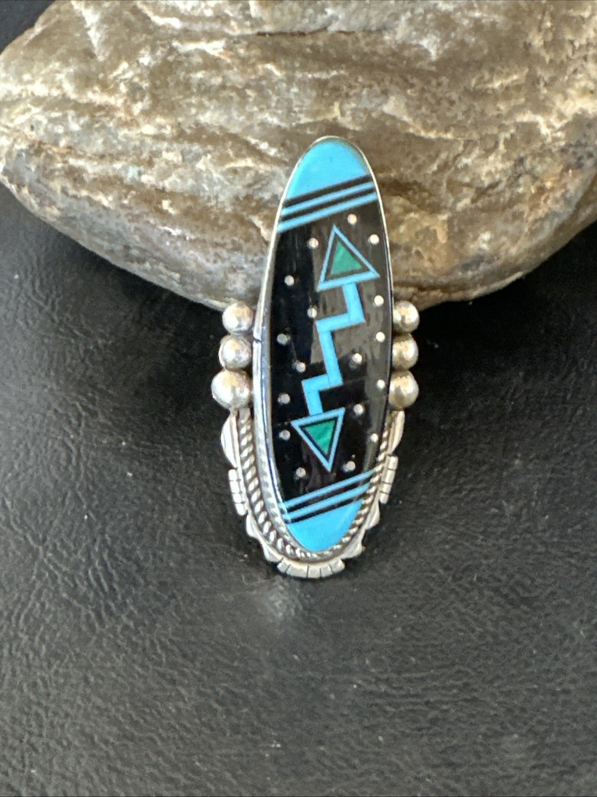 Cosmic Inlay Black Onyx Blue Turquoise Navajo Sterling Silver Ring Sz 9.5 19790