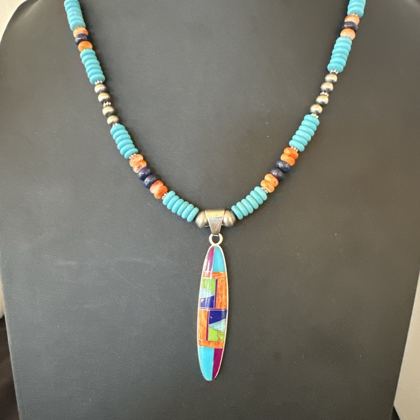 Multicolor Turquoise Spiny Navajo Sterling Silver Inlay Pendant Necklace 19653