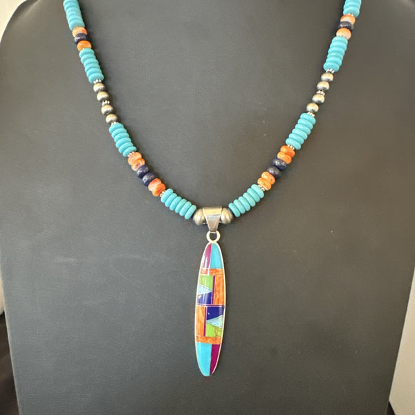 Multicolor Turquoise Spiny Navajo Inlay Pendant Necklace | Sterling Silver | Authentic Native American Handmade | 19653