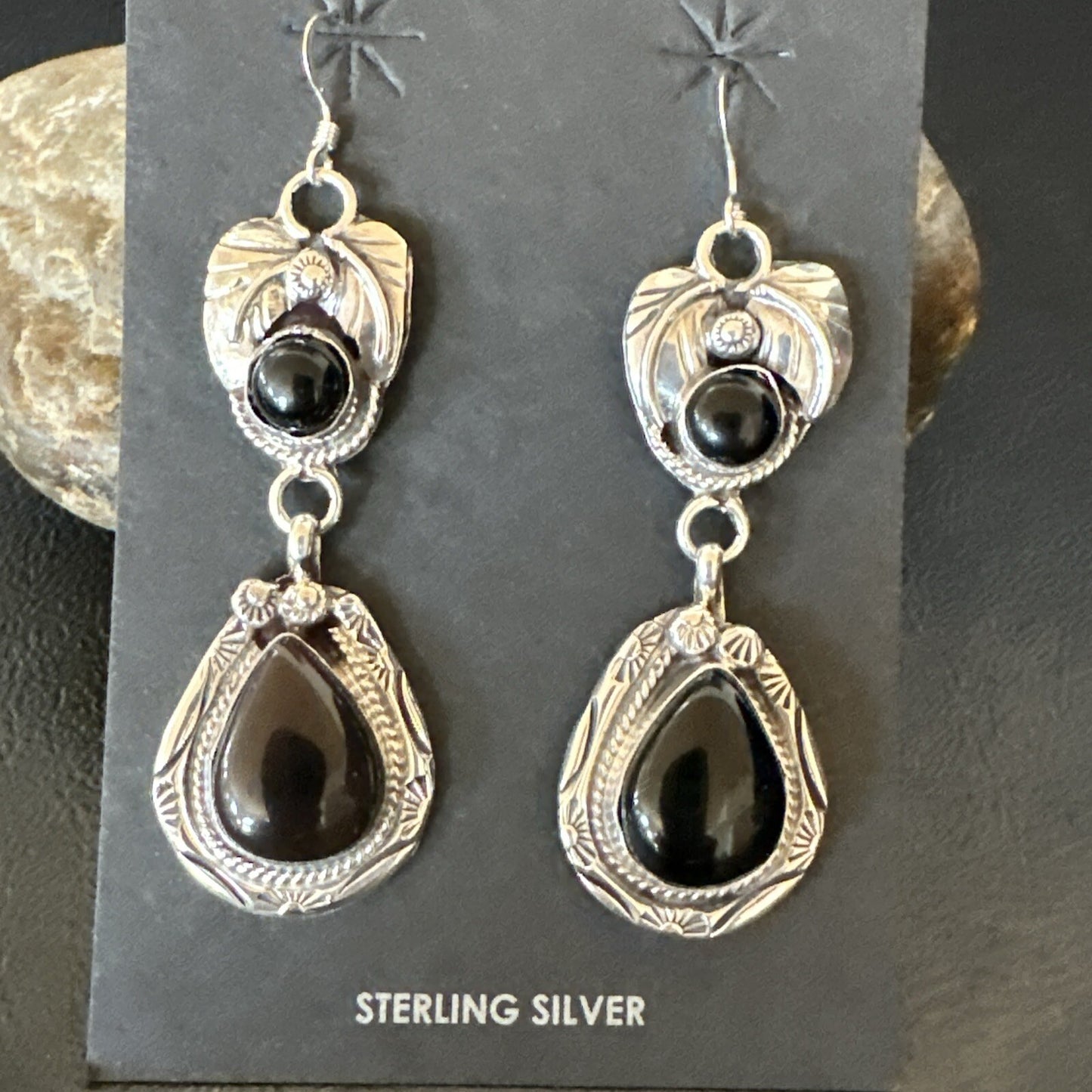 Black Onyx Navajo Sterling Silver Dangle Earrings 1.5" 18286