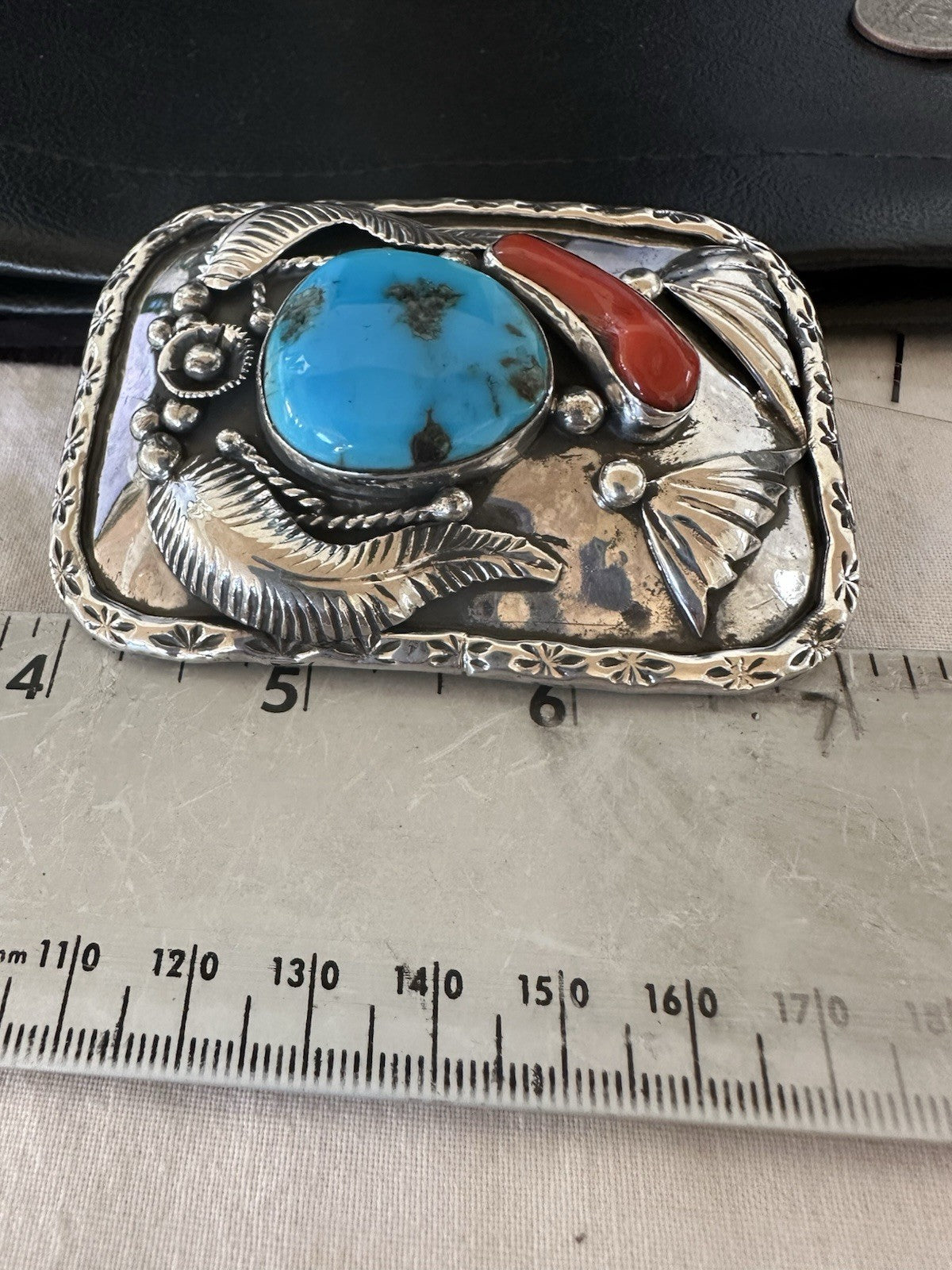 Mens Buckle Blue Turquoise Coral Navajo Sterling Silver Concho Belt 19489