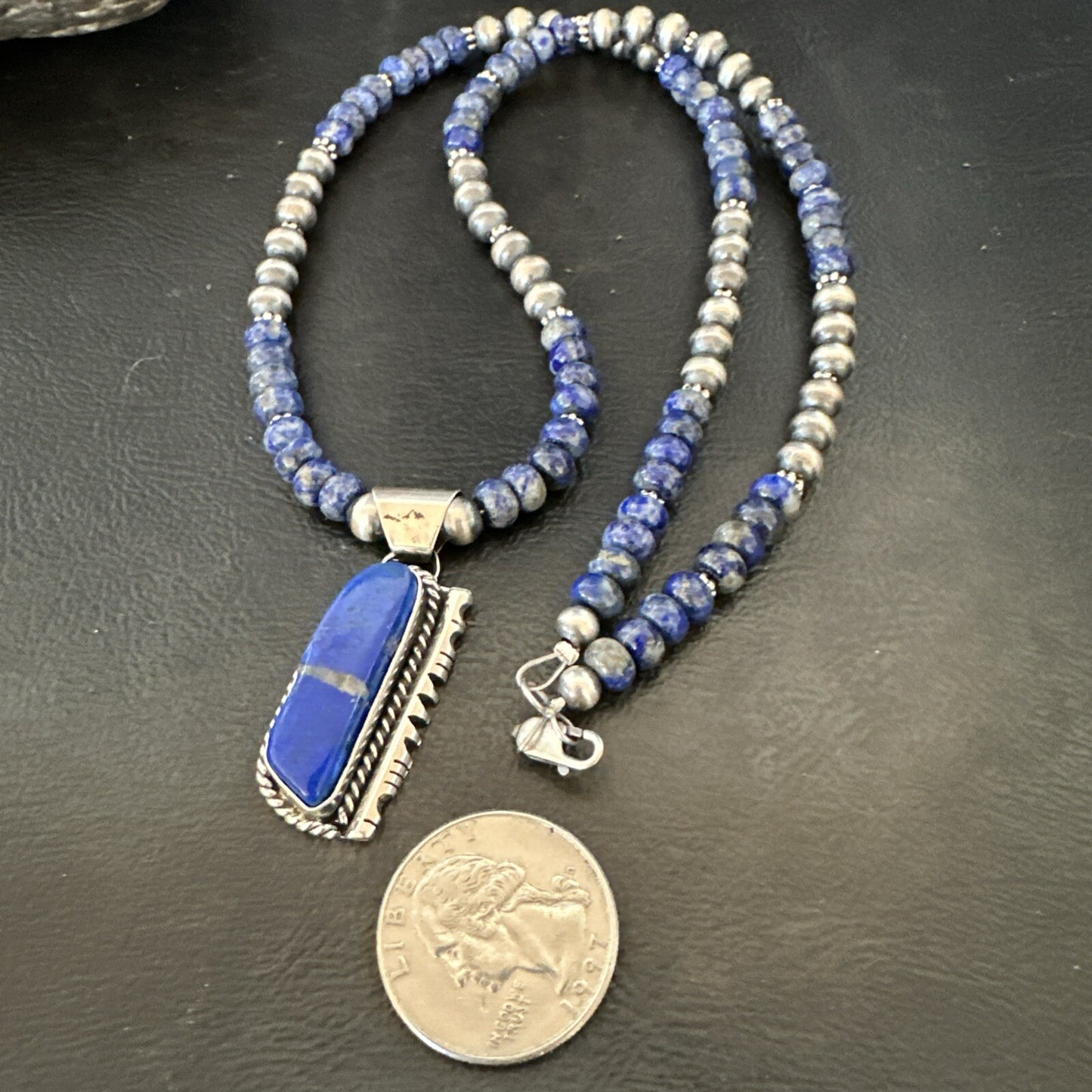 Blue~Lapis~Pendant~Navajo~Pearls~Sterling~Silver~Necklace~ 22”~18742