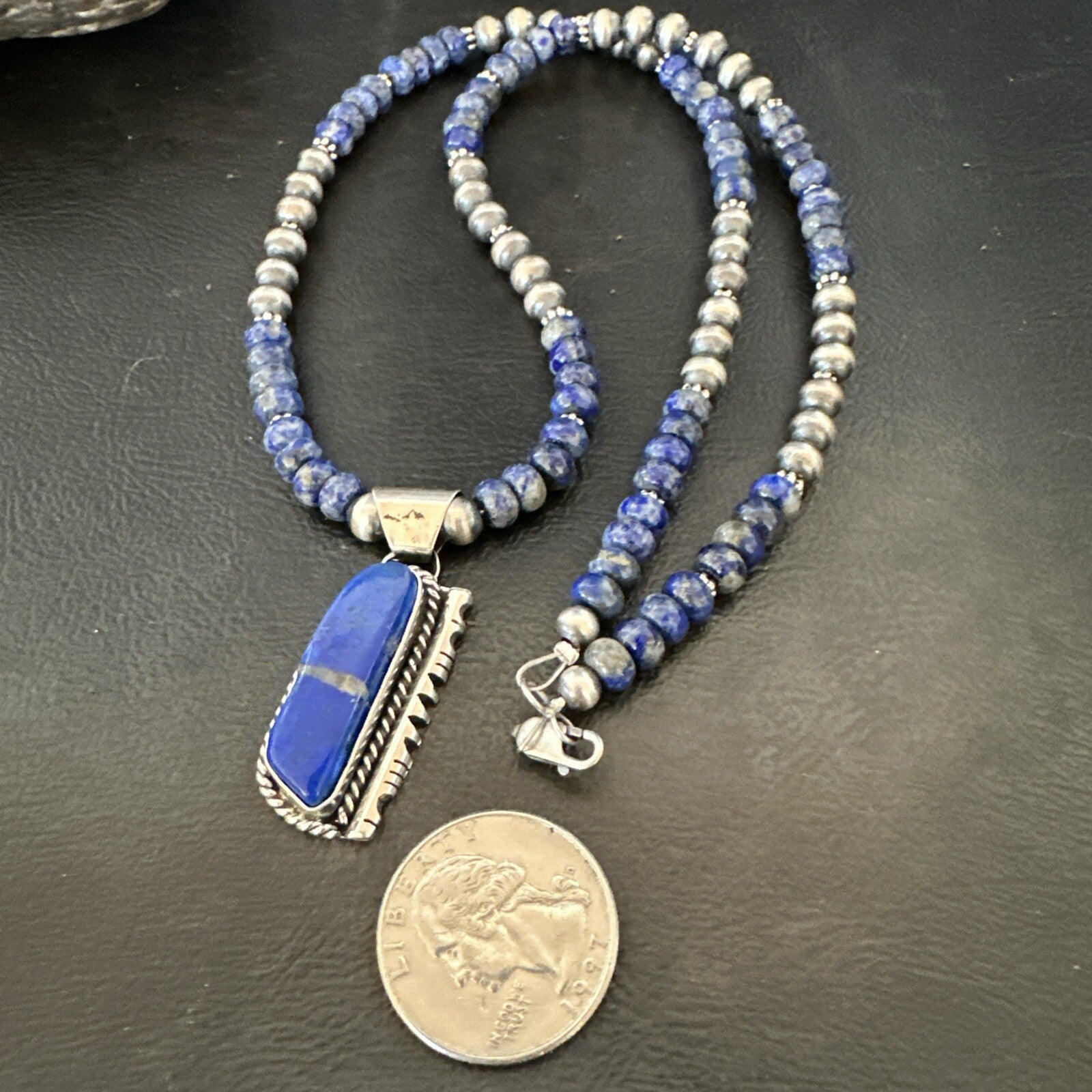 Blue~Lapis~Pendant~Navajo~Pearls~Sterling~Silver~Necklace~ 22”~18742