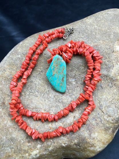 Native American Turquoise Pendant Coral Brass Old Pawn Necklace 19" 04006