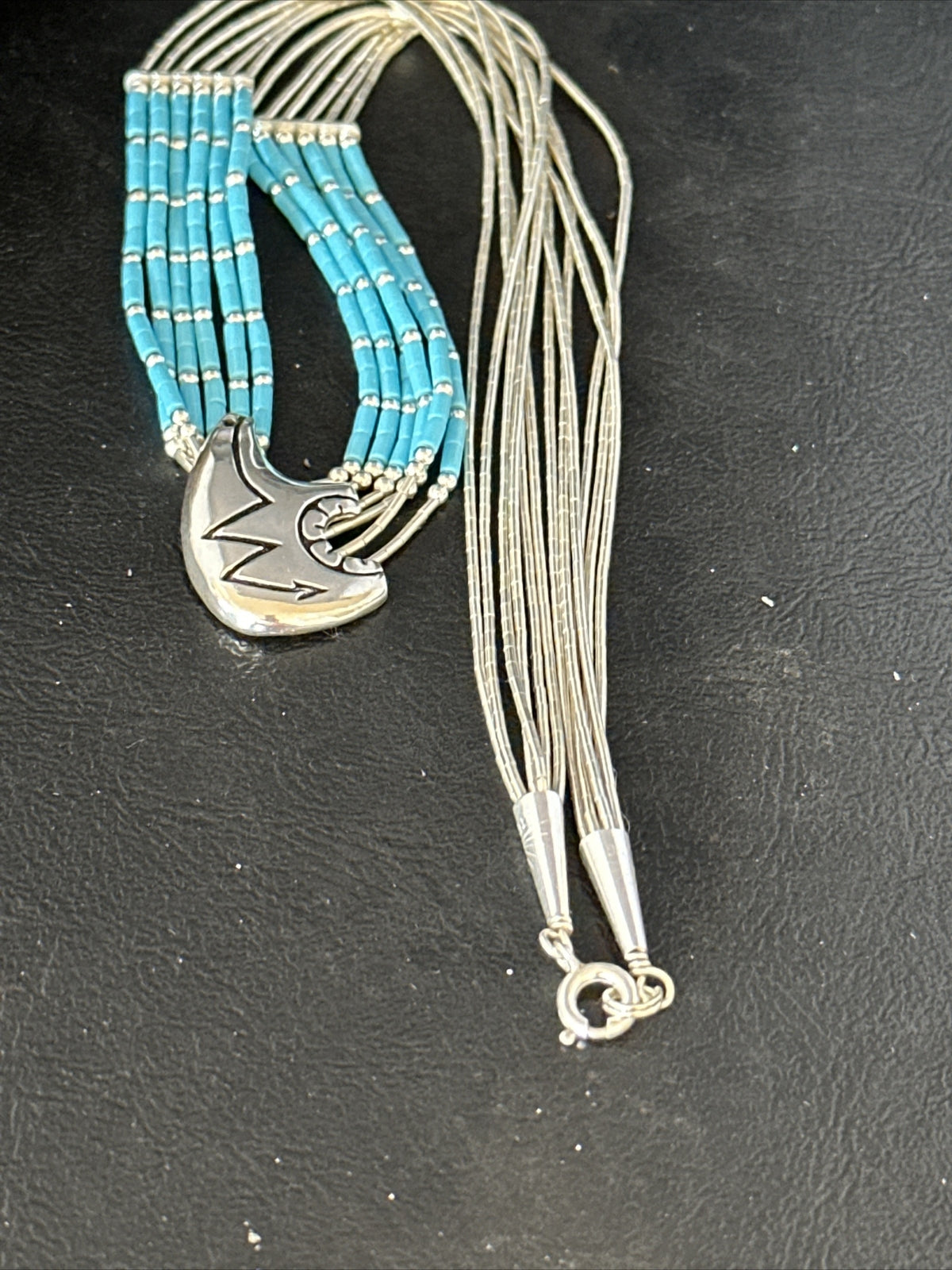 Bear Pendant Turquoise 5 Strand Heishi Liquid Sterling Silver Necklace 14822