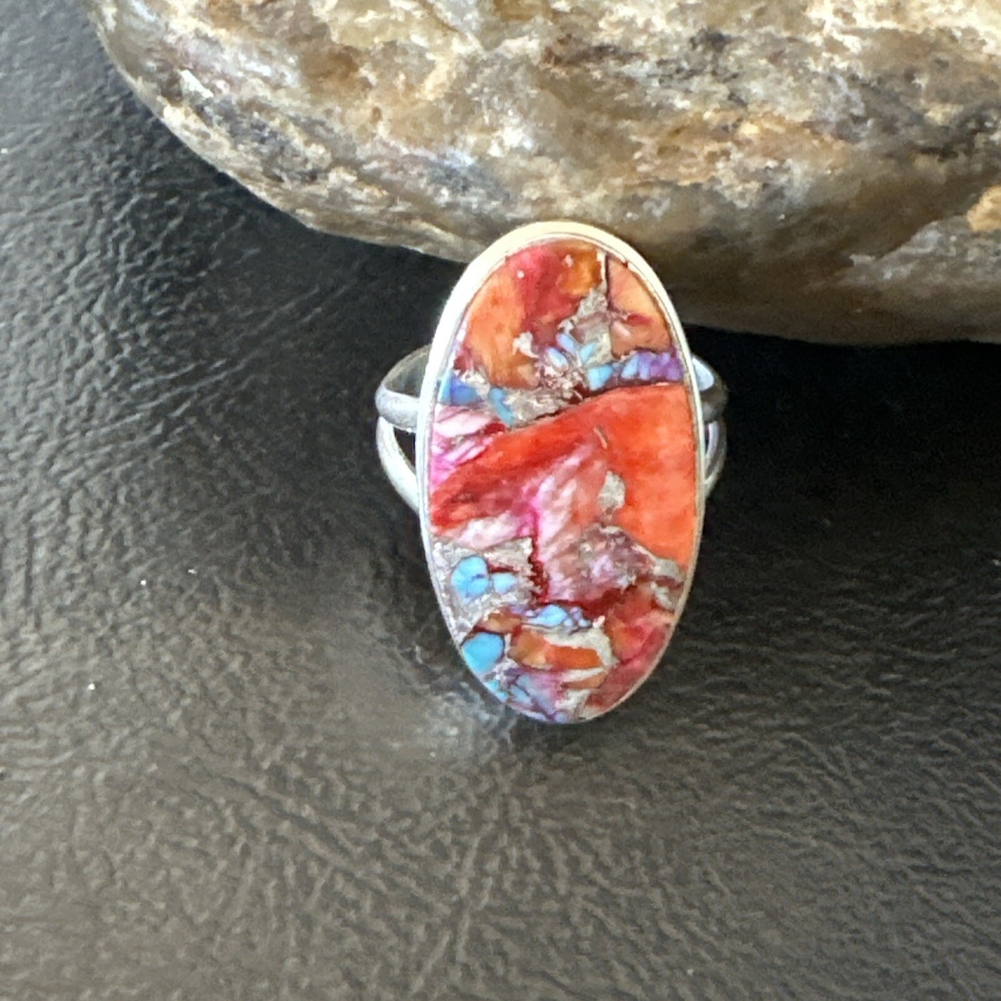 Blue Turquoise Spiny Oyster Southwestern Sterling Silver Ring Size 8 18481