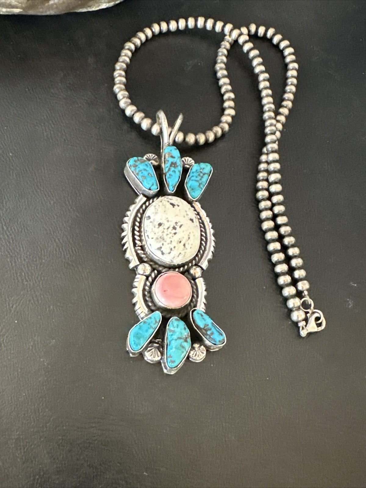 Blue Kingman Turquoise White Navajo Sterling Silver Cluster Pendant 4" 19325