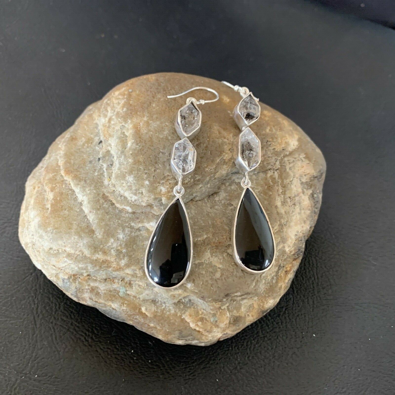 Black Onyx & Quartz Navajo Sterling Silver Dangle Earring 2" 12086