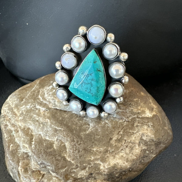Blue Turquoise White Pearls Navajo Cluster Ring Size 10.5 | Sterling Silver | Authentic Native American Handmade | 18398