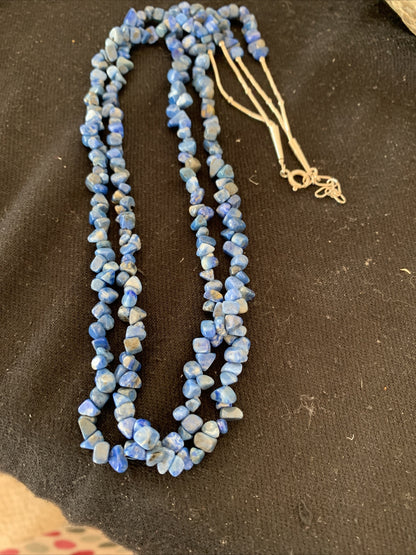 Blue Lapis Bead Liquid Heishi 2 Strands Sterling Silver Tubes Necklace 00851