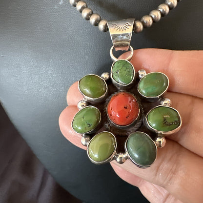 Navajo Sterling Cluster Red Turquoise Pendant Necklace 17711