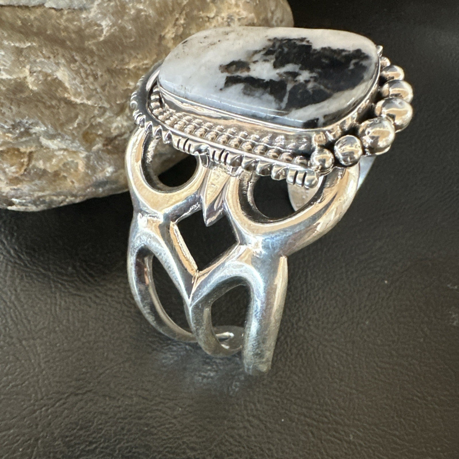 Tufa Cast Men White Buffalo Turquoise Navajo Sterling Silver Cuff Bracelet 19354