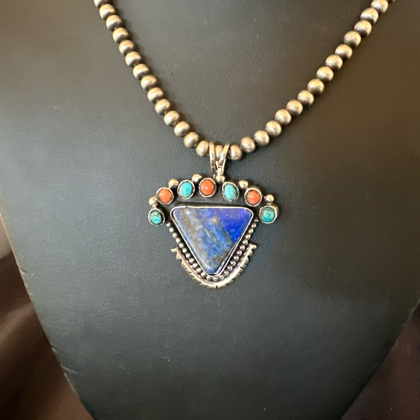 Blue Lapis Cluster Pendant Navajo Sterling Silver Beads Necklace 20" 18753