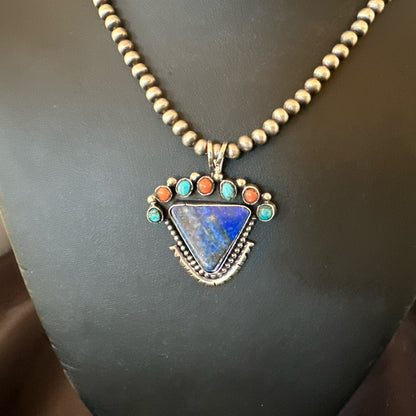 Blue Lapis Cluster Pendant Navajo Sterling Silver Beads Necklace 20" 18753