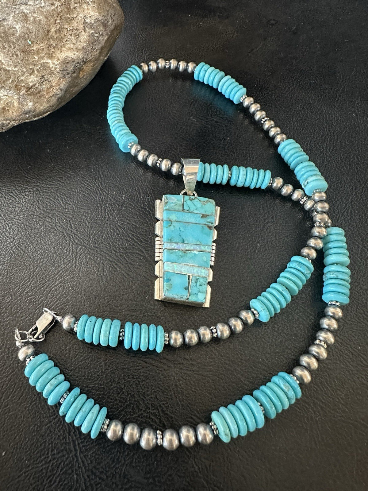 Blue Turquoise Opal Inlay Pendant Navajo Sterling Silver Necklace 19512