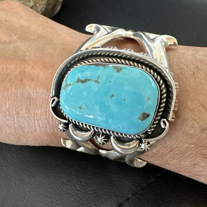 Tufa Women Blue Kingman Turquoise Navajo Sterling Silver Cuff Bracelet 19351
