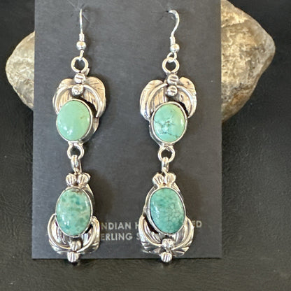Native Navajo Green Turquoise Sterling Silver Dangle Earrings 2” 17913