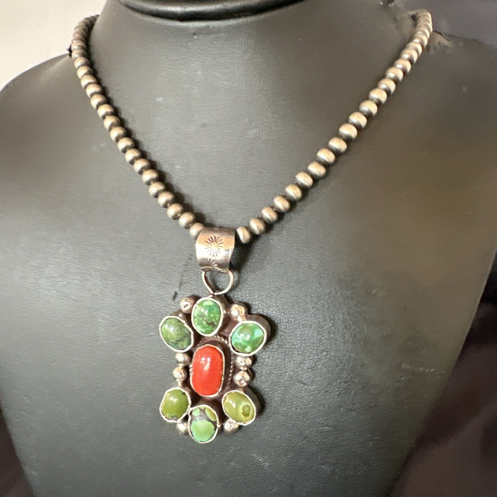Navajo Sterling Cluster Red Turquoise Pendant Necklace 17714