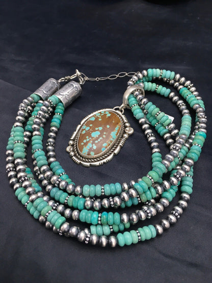 Spider Web Turquoise Pendant Navajo Sterling  Silver Bead 3 Strand Necklace 21in