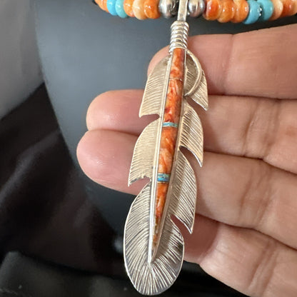 Feather Orange Spiny Opal Pendant Sterling Silver Turquoise Necklace 21” 18672