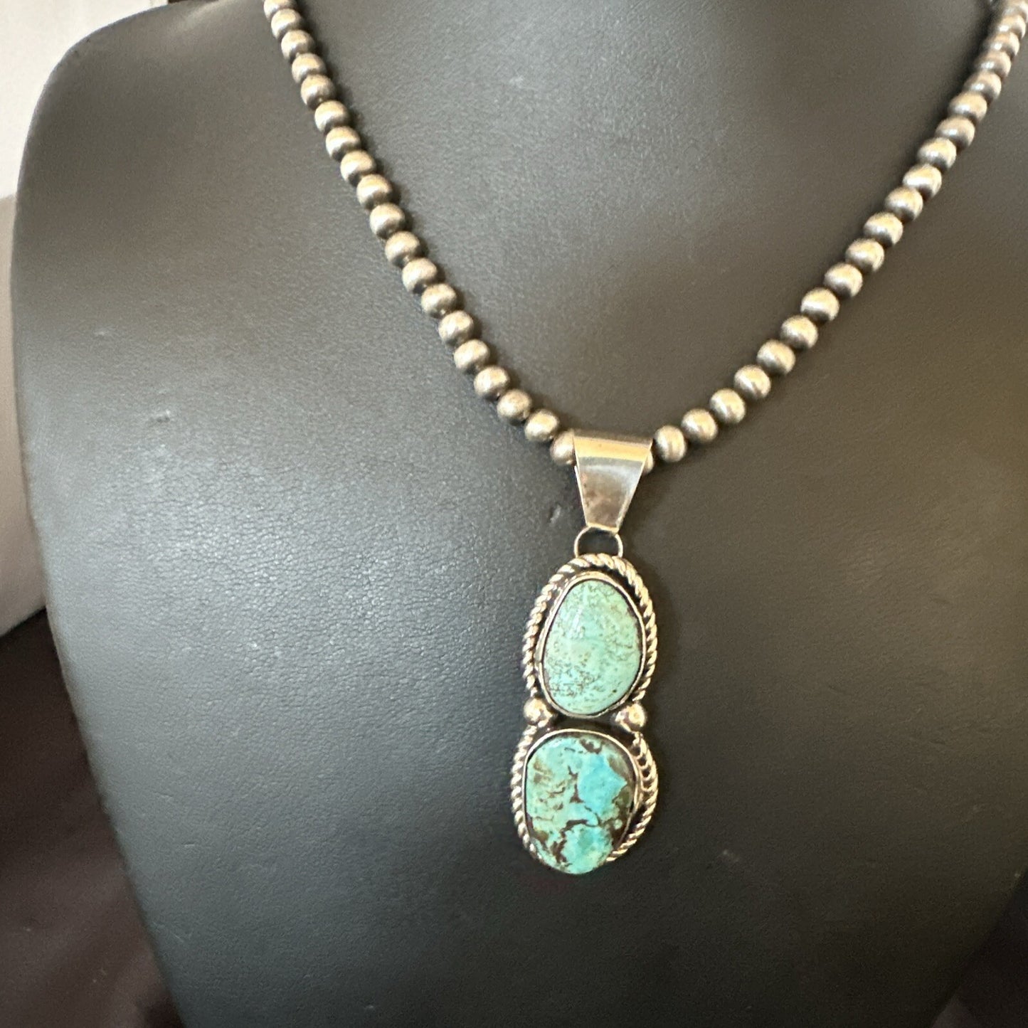 Blue Turquoise 2 Stone Navajo Sterling Silver Cluster Pendant 18191
