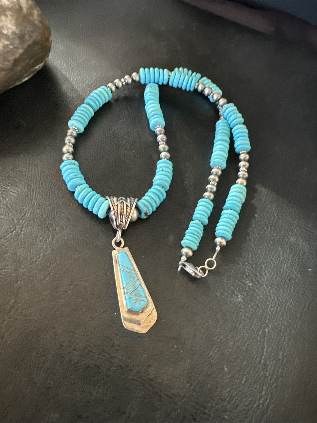 Blue Turquoise Inlay Pendant Navajo Sterling Silver Necklace 20" 19677