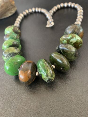 Navajo Chunky Graduated Green Turquoise Necklace Sterling Silver 18" 11768