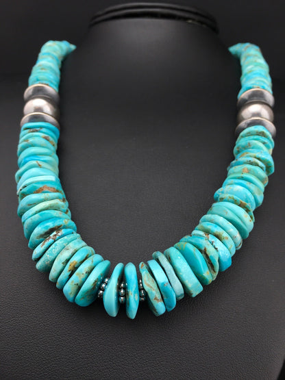 Native Blue Graduated Turquoise Navajo Sterling Silver Necklace 20" 04809