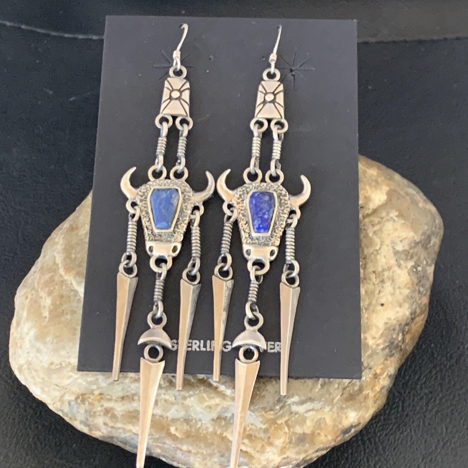 Denim Blue Lapis Lazuli Inlay Navajo Sterling Silver Dangle Earrings 04518