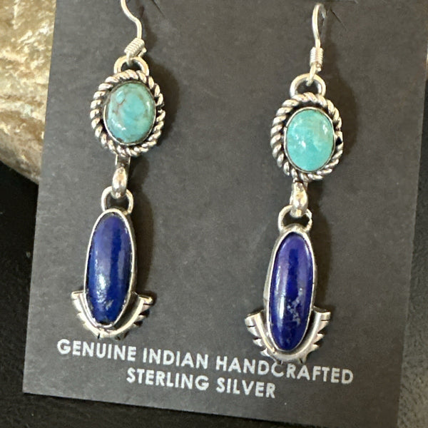 Navajo Turquoise Blue Lapis Dangle Earrings | Sterling Silver | Authentic Native American Handmade | 18186