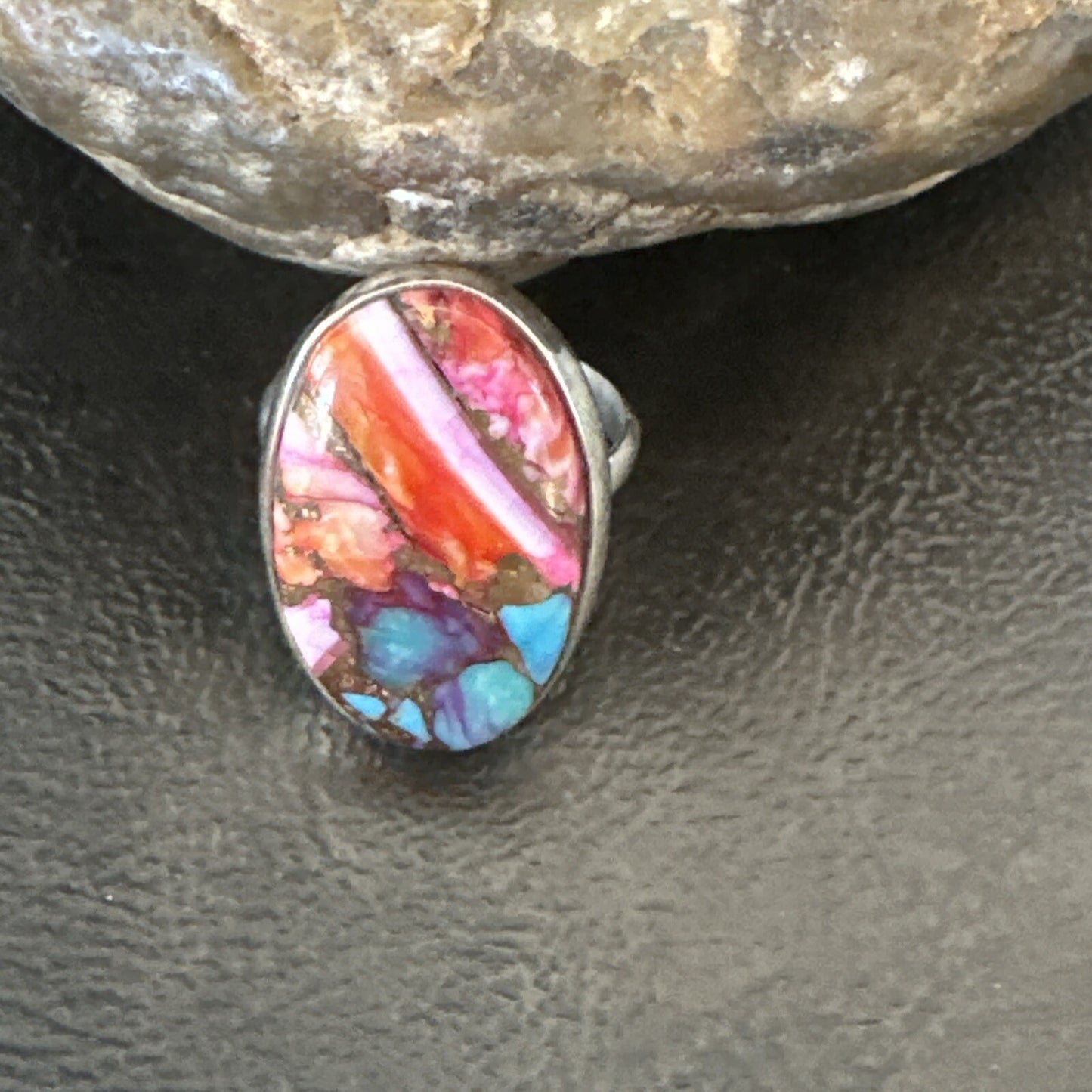 Blue Turquoise Spiny Oyster Southwestern Sterling Silver Ring Size 6 18475