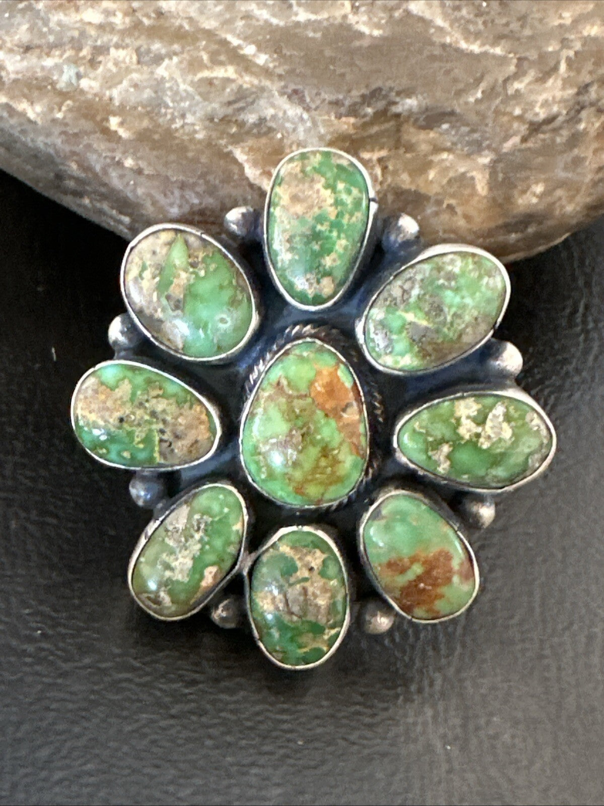 Navajo Sterling Silver Cluster Green Sonoran Gold Turquoise Ring Sz 8 18603