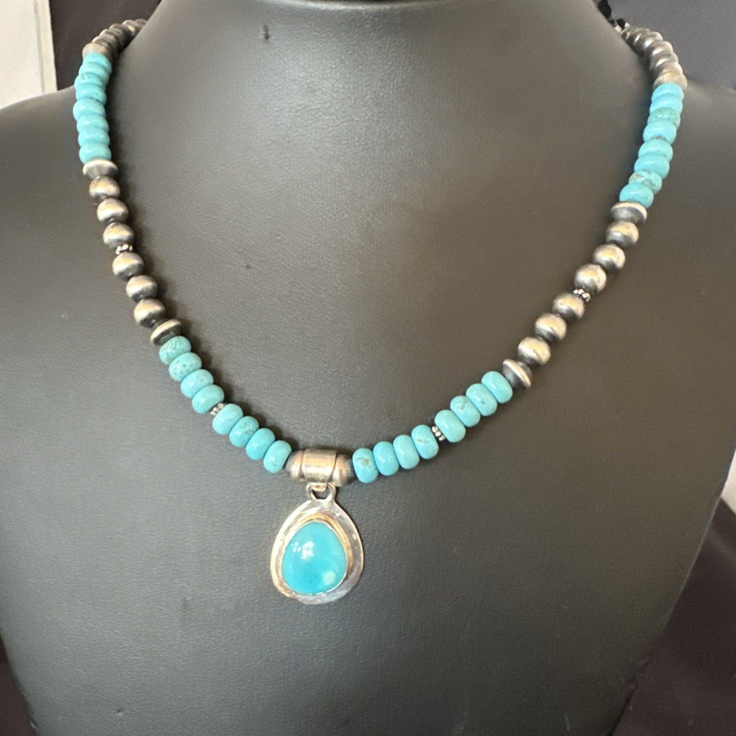 WoMens Blue Kingman Turquoise Pendant Navajo Sterling Silver Necklace 21" 19055