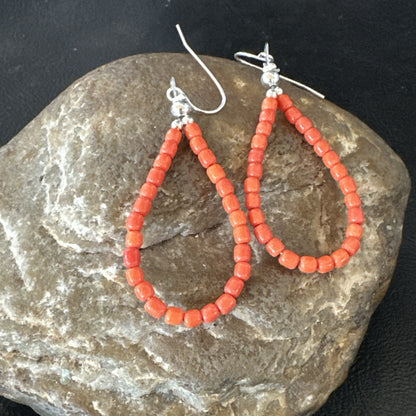 Red Coral Southwestern Sterling Silver Earrings 2” 18837